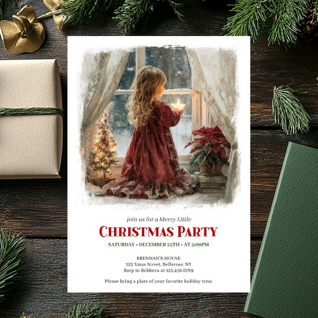 Invitation Fille rêveuse attend l'invitation de vacances impr (Dreamy girl awaits Santa printable holiday invitation)