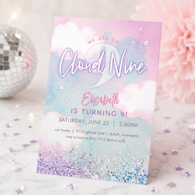 Invitation Fille rêveuse sur un nuage pour son 9e anniversair (Dreamy Girly On Cloud Nine 9th Birthday Invitation)
