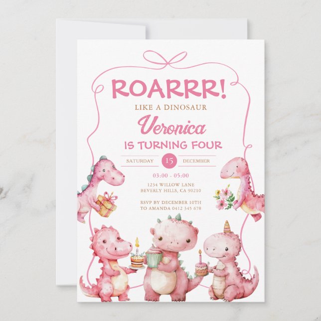 Invitation Fille ROAR T-Rex Dinosaur Bow rose fête d'annivers (Devant)