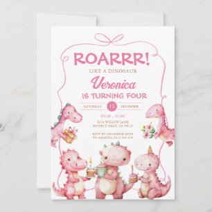 Invitation Fille ROAR T-Rex Dinosaur Bow rose fête d'annivers