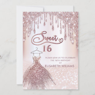 Invitation Fille robe chic goutte d'or rose glittery ombre i