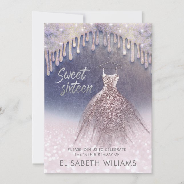 Invitation Fille robe chic goutte d'or rose glittery ombre i (Devant)