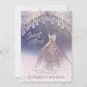 Invitation Fille robe chic goutte d'or rose glittery ombre i