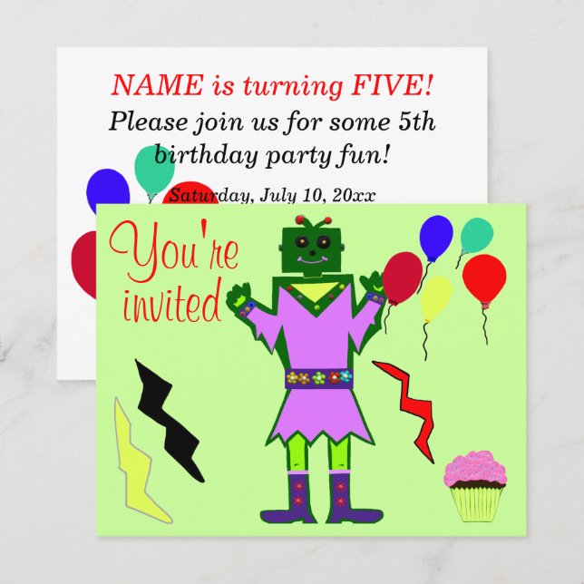 Invitation Fille Robot Verte Ballons Gâteau D'anniversaire To (Devant / Derrière)