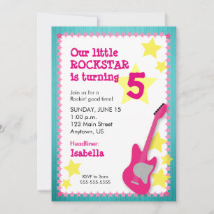 Invitation Fille Rockstar Anniversaire avec guitare rose