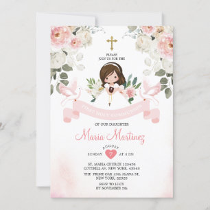 Invitation Fille rose 1ère Sainte Communion Croix d'or