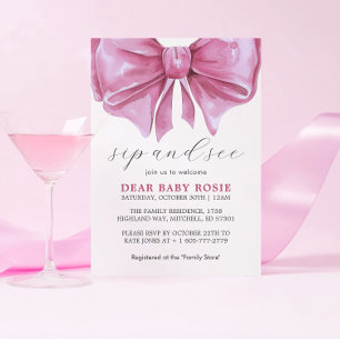 Invitation Fille rose Aquarelle Bow Baby shower Sip et voir