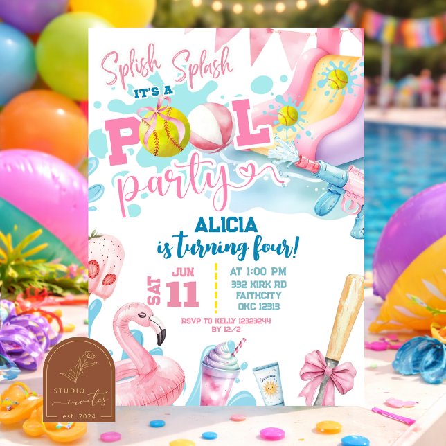 Invitation Fille Rose Arc Softball Piscine Fête d'anniversair (Créateur téléchargé)