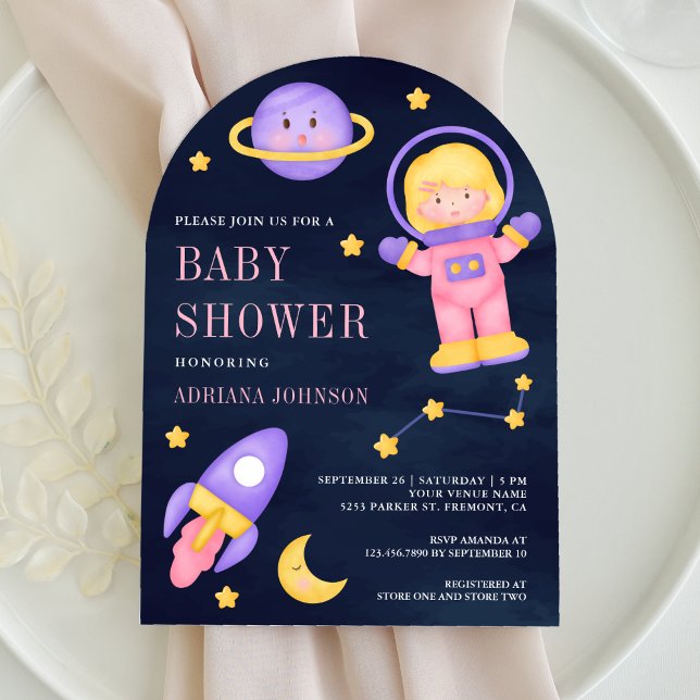 Invitation Fille Rose Astronaute de l'Espace Baby Shower Navy (Créateur téléchargé)