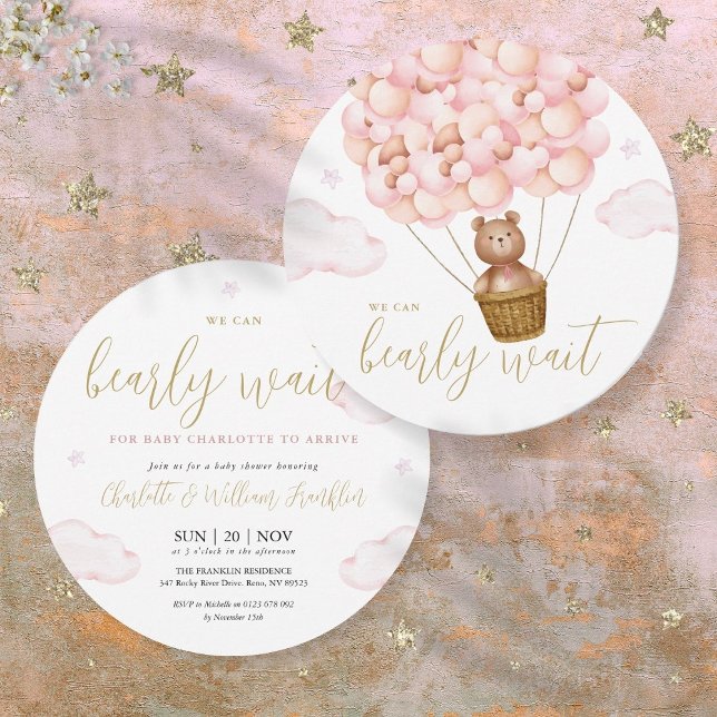 Invitation Fille rose Attendre Teddy Baby shower de l'ours (Pink Girl Bearly Wait Teddy Bear Baby Shower Invitation)