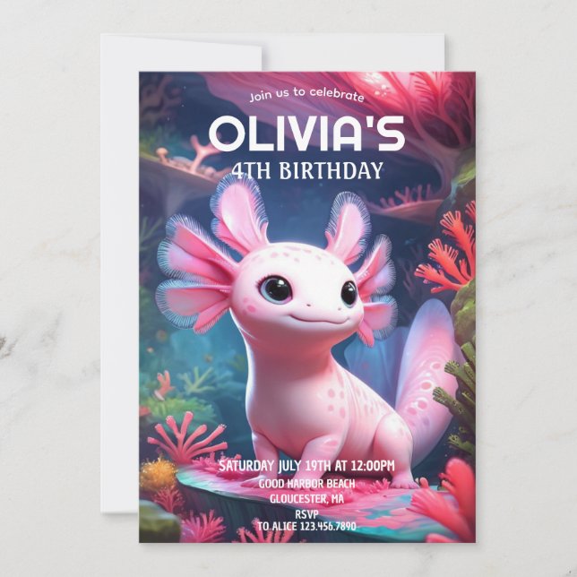 Invitation Fille rose Axolotl Anniversaire (Devant)