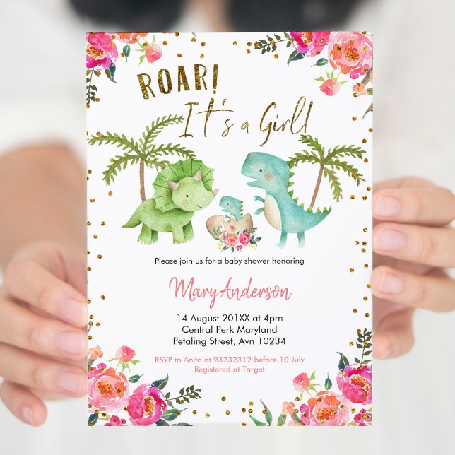 Invitation Fille rose Baby shower Dinosaure Tropical Floral (Créateur téléchargé)