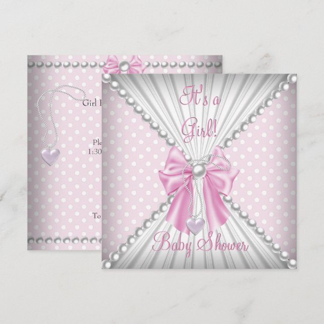Invitation Fille rose Baby Shower Perles Points à pois (Devant / Derrière)