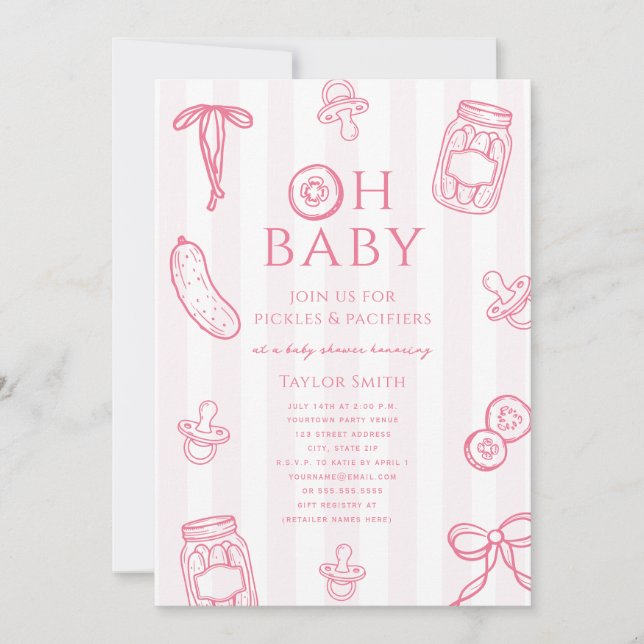 Invitation Fille Rose Baby Shower Pickles & Pacifiers (Devant)