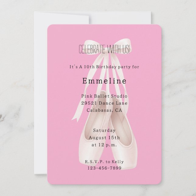 Invitation Fille rose Ballet Chaussures Bow Anniversaire (Devant)