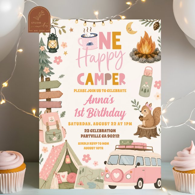 Invitation Fille Rose Blush Un Joyeux Campeur Anniversaire (Créateur téléchargé)