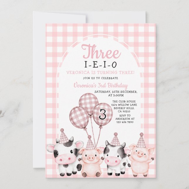 Invitation Fille rose boho Trois-E-E-E-O Anniversaire animal  (Devant)
