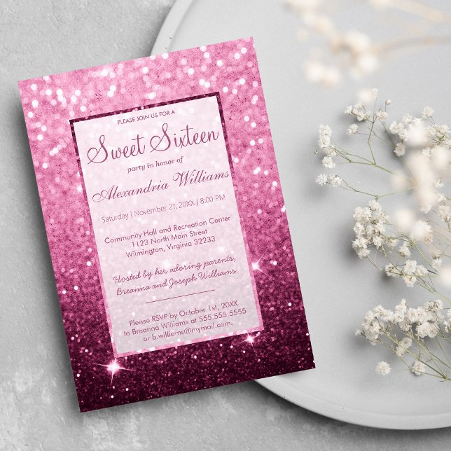 Invitation Fille rose bordeaux faux parties scintillant bokeh (Girly pink burgundy faux glitter bokeh Sweet 16 Invitation)