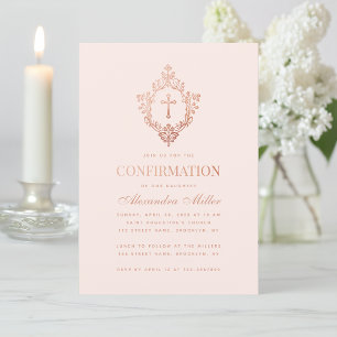 Invitation Fille rose Confirmation Rose Gold Cross Crest Blus