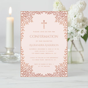 Invitation Fille rose Confirmation Rose Gold Feuilles Religie