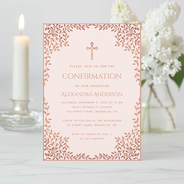 Invitation Fille rose Confirmation Rose Gold Feuilles Religie (Créateur téléchargé)