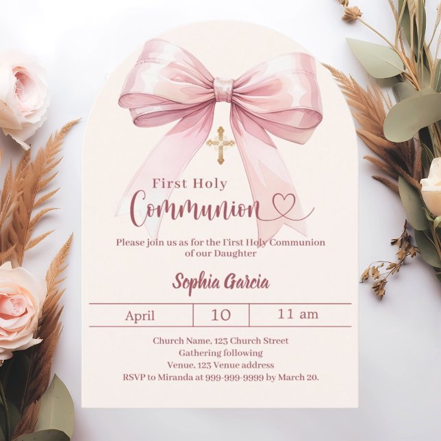 Invitation Fille rose crème arc Première Communion (Créateur téléchargé)