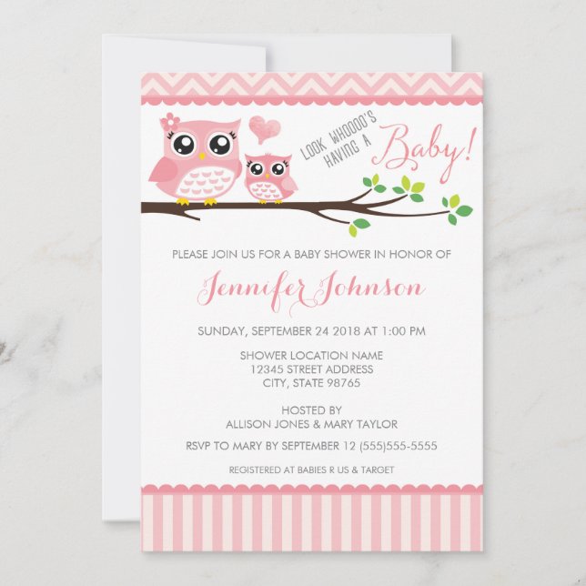 Invitation Fille rose de l'invitation | Chevron | de baby (Devant)