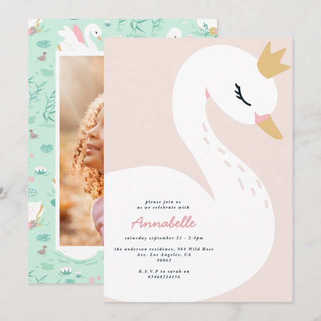 Invitation Fille rose élégante photo belle cygne enfants (Devant / Derrière)