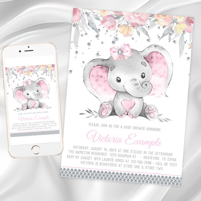 Invitation Fille Rose Éléphant Gris Diamant Baby Shower (Girl elephant baby shower invitation with cute baby elephant on a floral and diamond background.)
