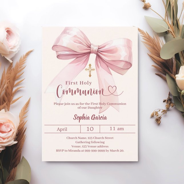 Invitation Fille rose en crème élégante Première Communion (Créateur téléchargé)