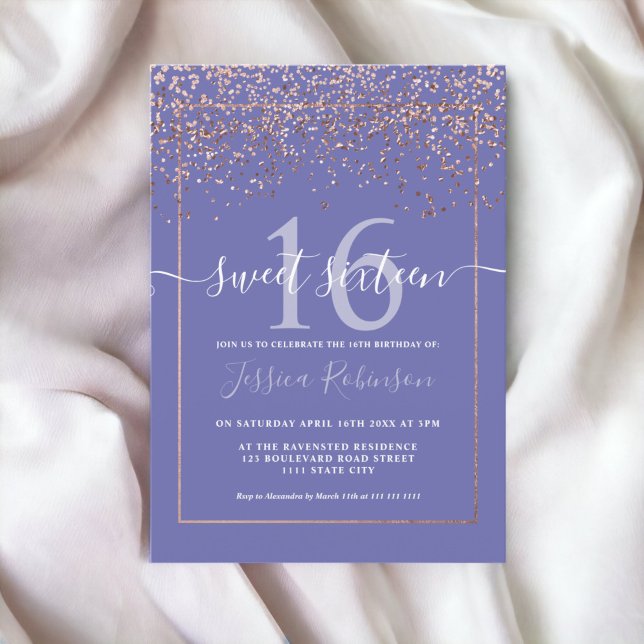 Invitation Fille rose en or confetti violet bleu chic Sweet 1 (Girly rose gold confetti purple blue chic Sweet 16 Invitation)