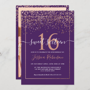 Invitation Fille rose en or confetti violet chic Sweet 16