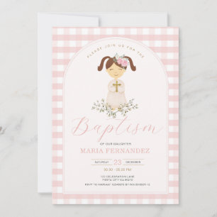 Invitation Fille rose En vichy Fleur sauvage Christening Bapt