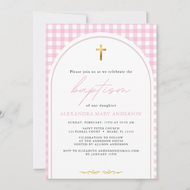 Invitation Fille rose en vichy moderne minimaliste baptême (Devant)