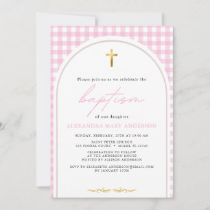 Invitation Fille rose en vichy moderne minimaliste baptême