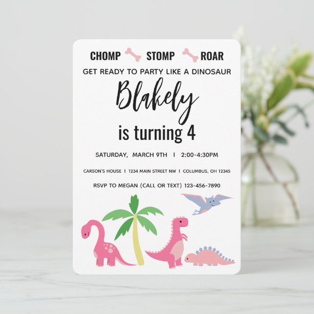 Invitation Fille Rose et Bleue Anniversaire Dinosaure (Debout devant)