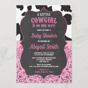 Invitation fille rose et noire de baby shower de cow-girl