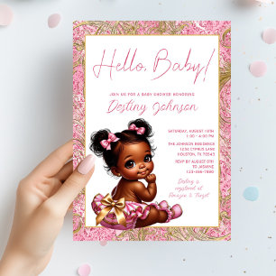 Invitation Fille Rose et Or "Bonjour Bébé" Baby Shower