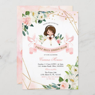 Invitation Fille rose et or Floral Première Communion sainte