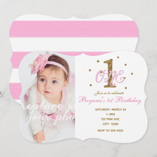Invitation Fille rose et or ONE 1ère fête d'anniversaire phot
