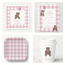 Fille Rose et Ours en Peluche Blanc Baby Shower