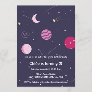 Invitation Fille rose et violet Space Moon Anniversaire