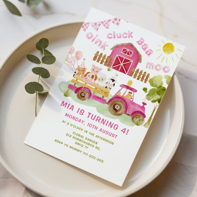 Invitation Fille rose Fête des animaux de ferme 4 ans (Créateur téléchargé)