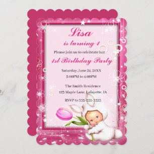 Invitation Fille Rose Floral Baby Bunny 1er anniversaire
