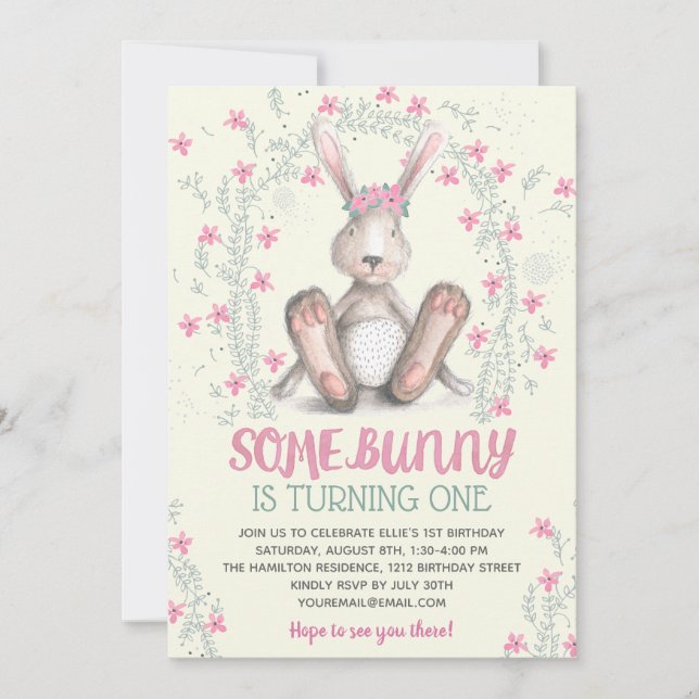 Invitation Fille rose Floral Bunny Fête d'anniversaire (Devant)