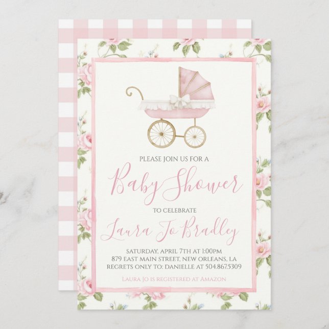 Invitation Fille rose Floral Preppy Baby shower Sud (Devant / Derrière)