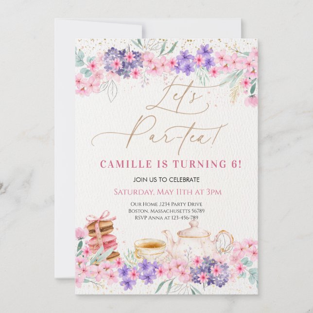 Invitation Fille Rose Floral Tea Party Anniversaire (Devant)