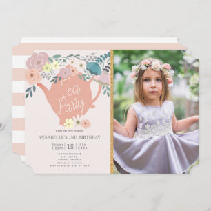 Invitation Fille Rose Floral Tea Party Photo Anniversaire