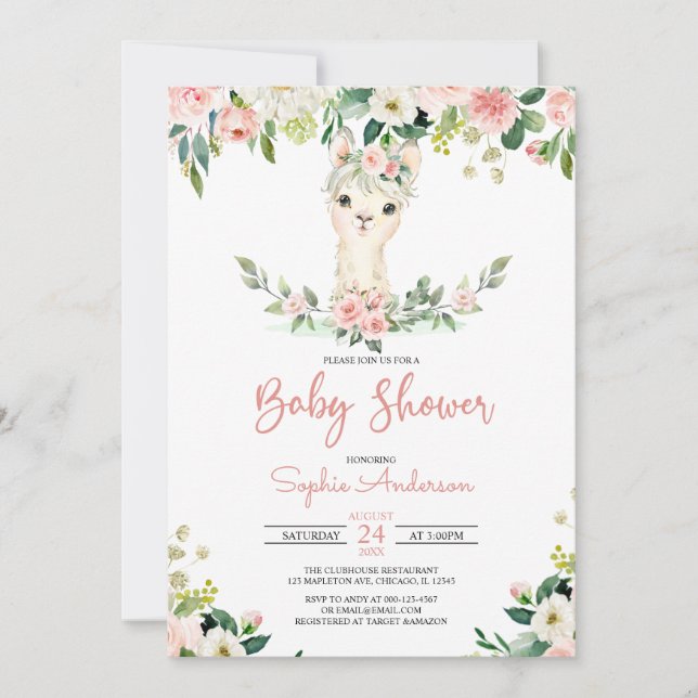 Invitation Fille rose florale Alpaca Baby shower Llama (Devant)
