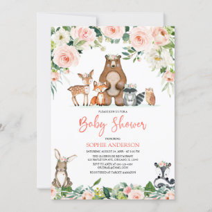 Invitation Fille rose Florale Baby shower des animaux de bois